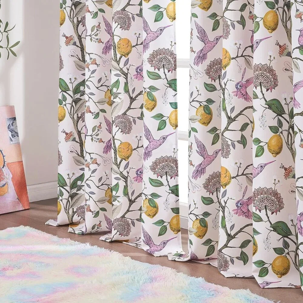 Floral Lemon Hummingbird Curtains Patterned Waverly Mid-Century Style